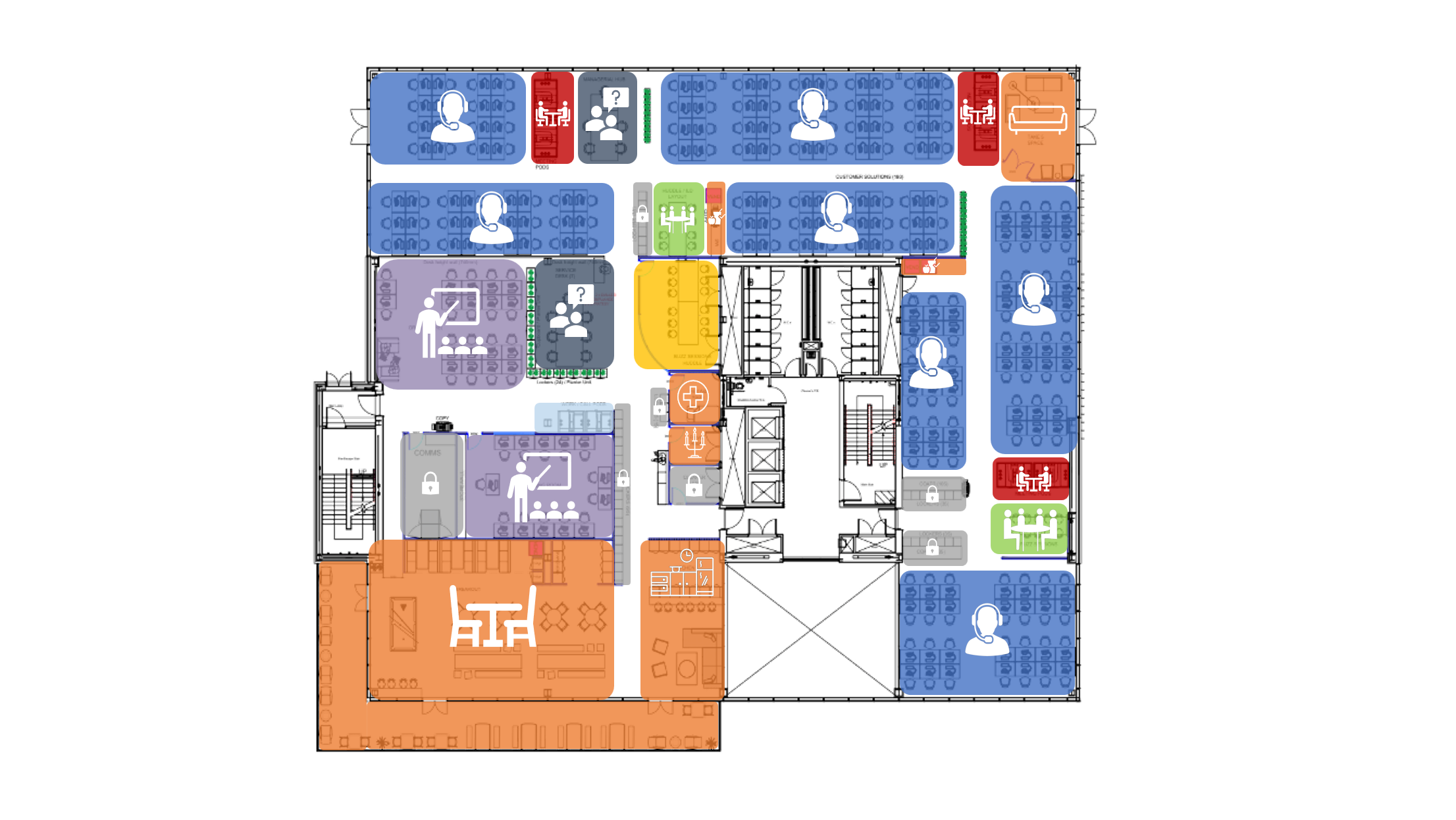 An example space plan with zoning details overlaid, based on an activity-based working model