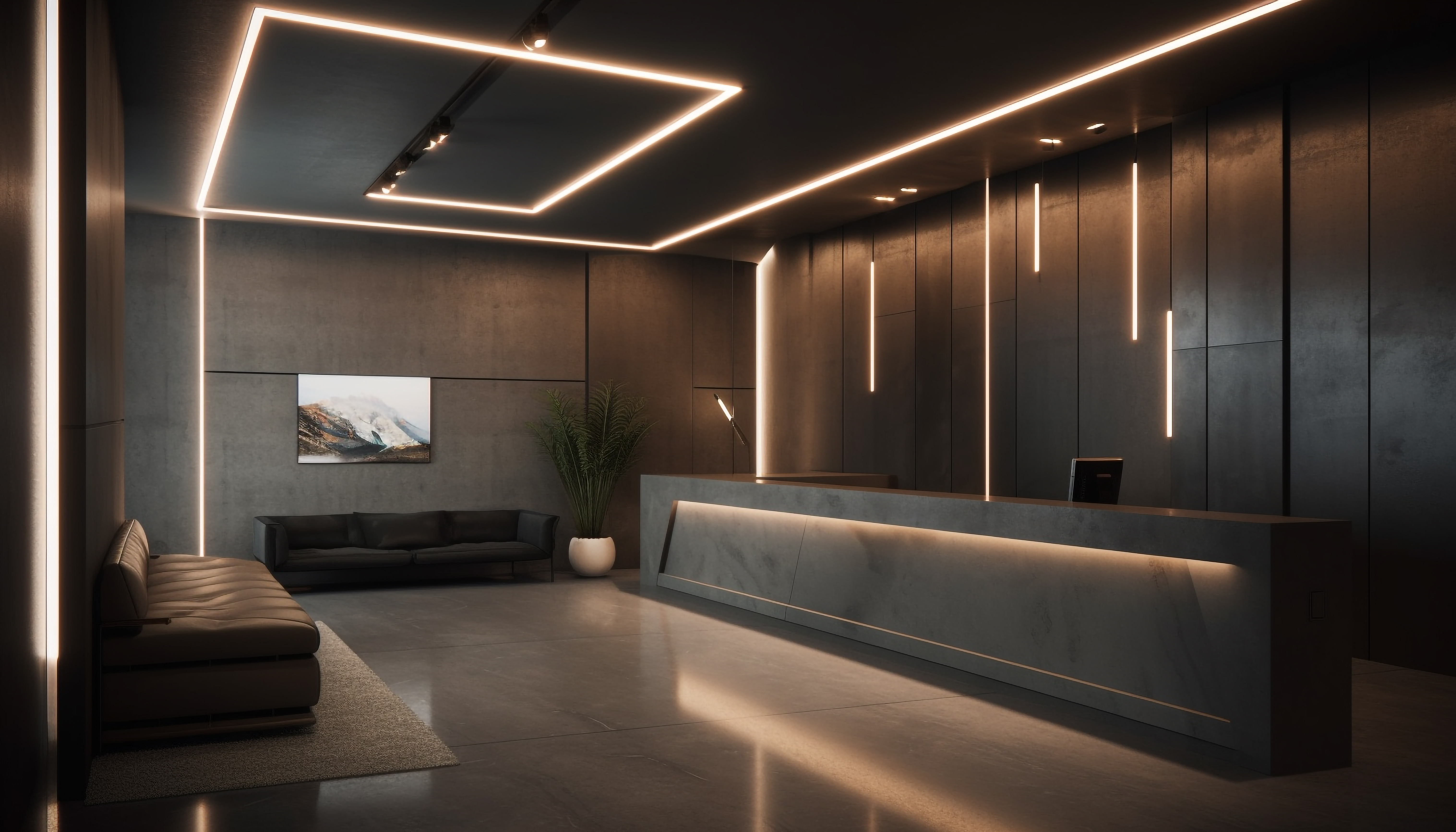 3D render of an office reception area